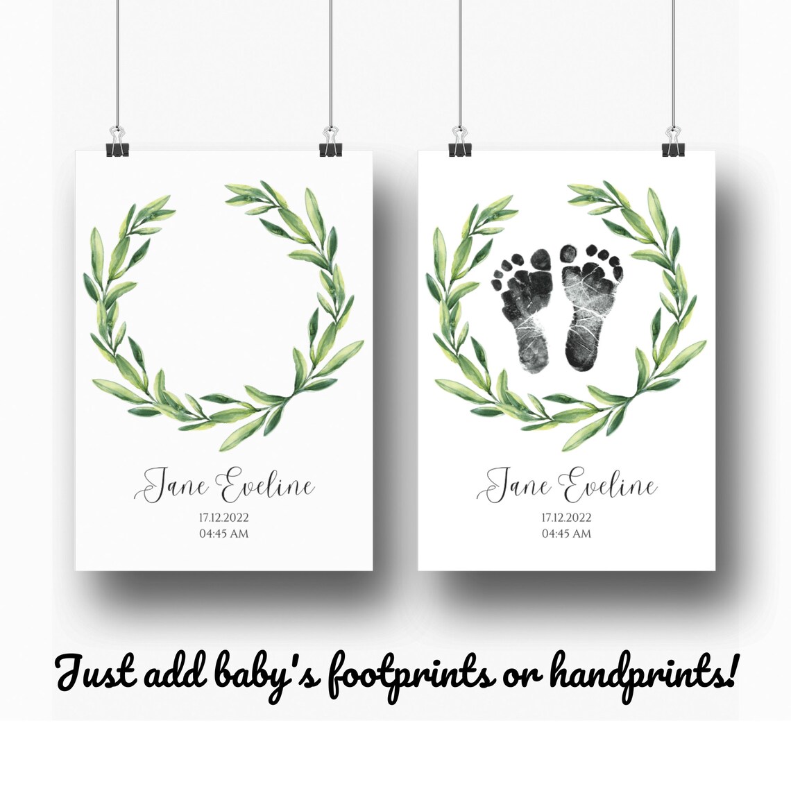 Personalized Baby Footprint Birth Print Olive Leaf Wreath Poster - Image 2