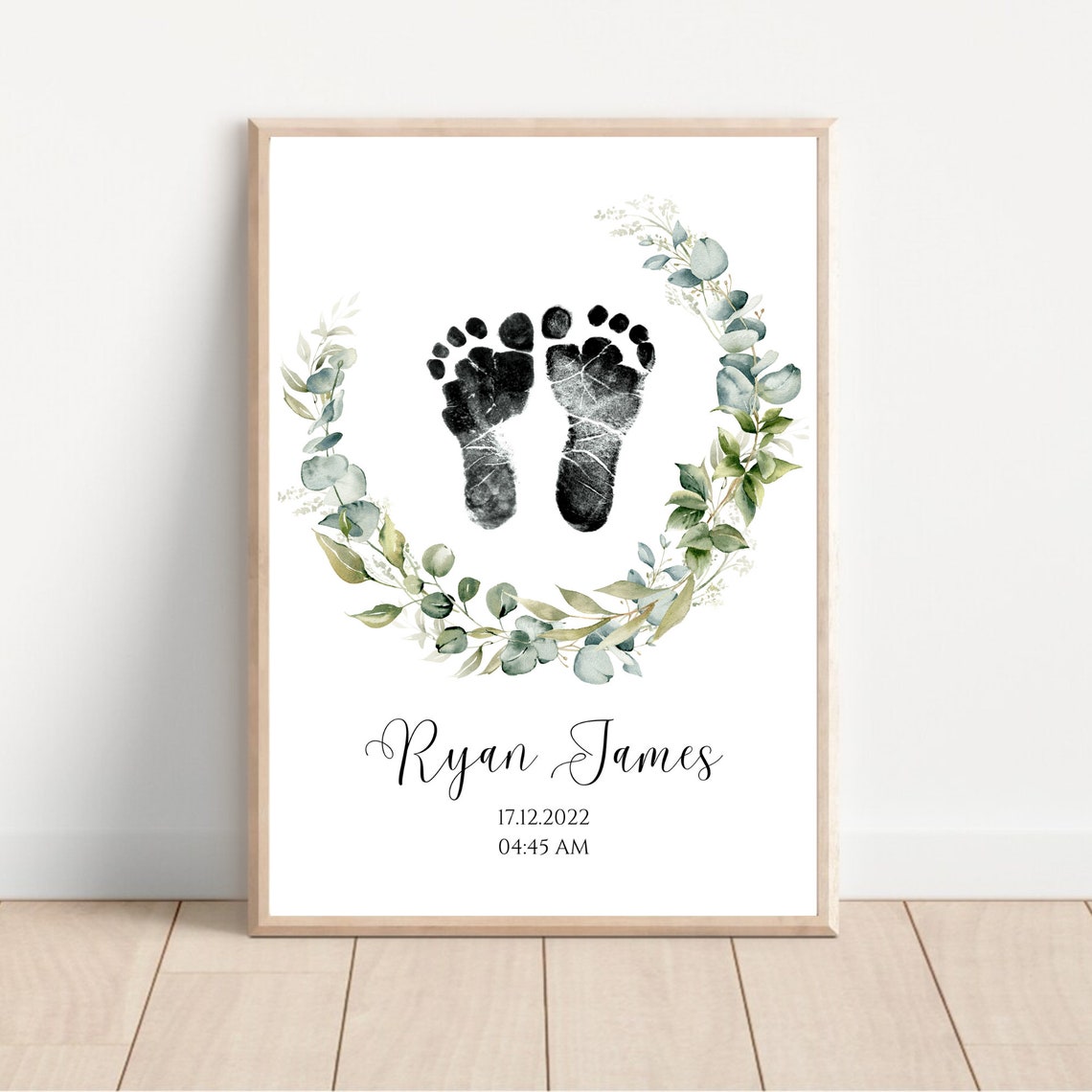 Personalized Baby Footprint Birth Print Silver Eucalyptus Poster