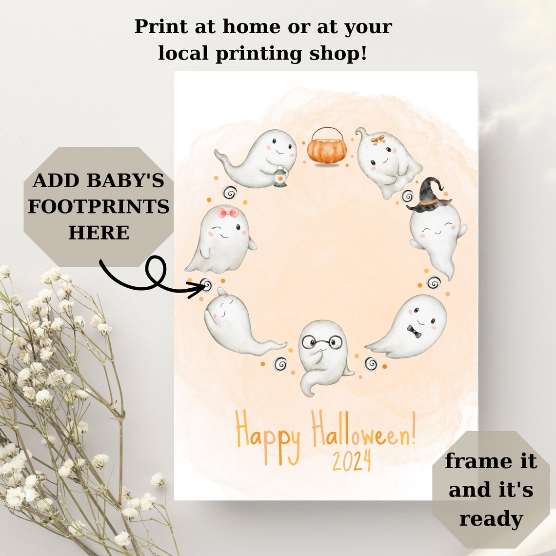 Happy Halloween 2024 Baby Handprint Cute Ghost Circle Keepsake Art Poster - Image 3