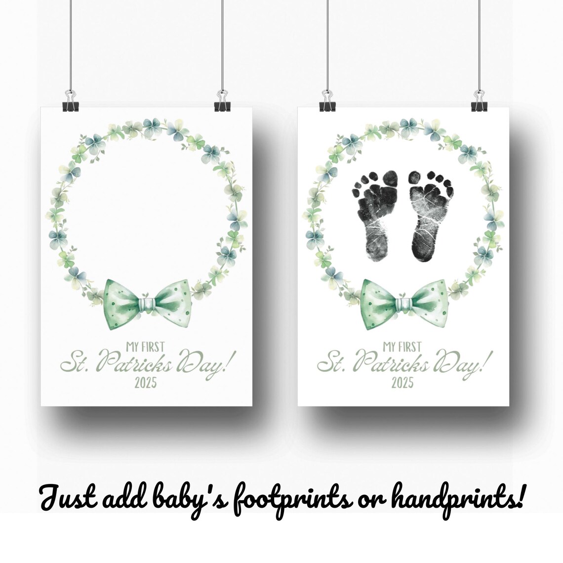 My First St Patricks Day Footprint Shamrock Wreath Green Bow Art Print - Image 3