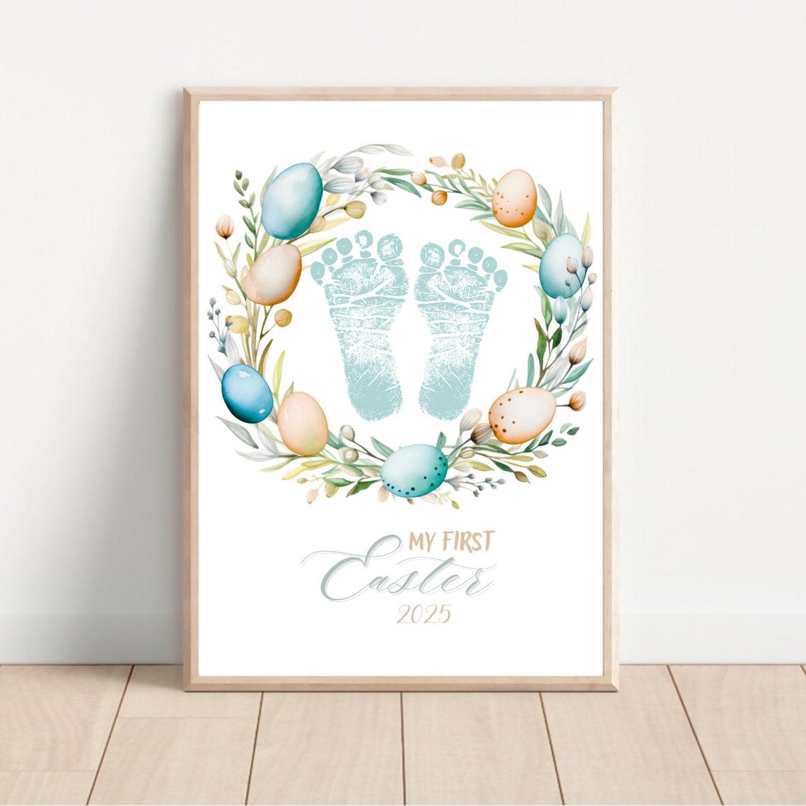 Baby Footprint First Easter Pastel Egg Wreath Keepsake Poster - Image 2