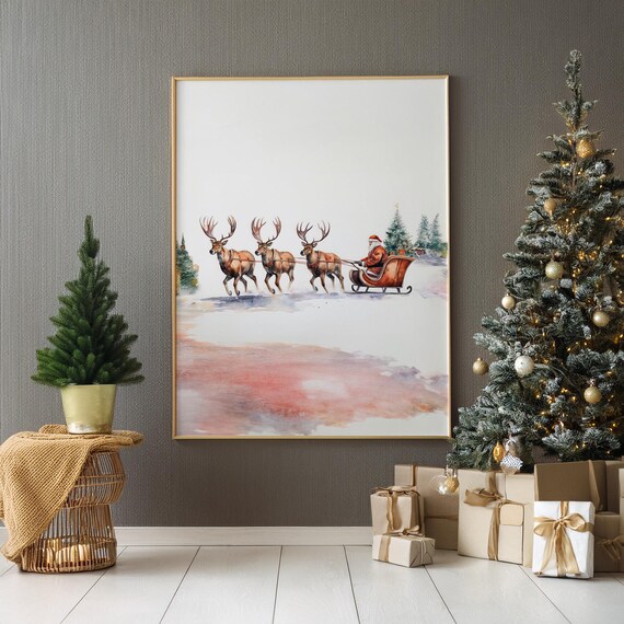 Santa Sleigh with Three Reindeer Watercolor Christmas Poster