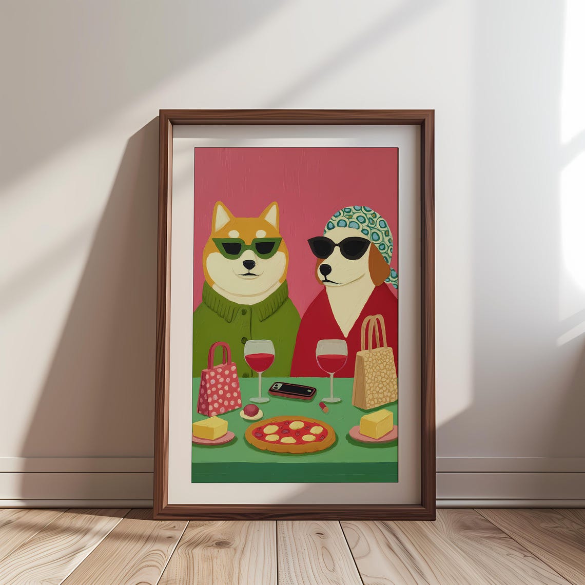 Shiba Inu and Beagle Dogs Wine Pizza Night Pop Art Funny Poster