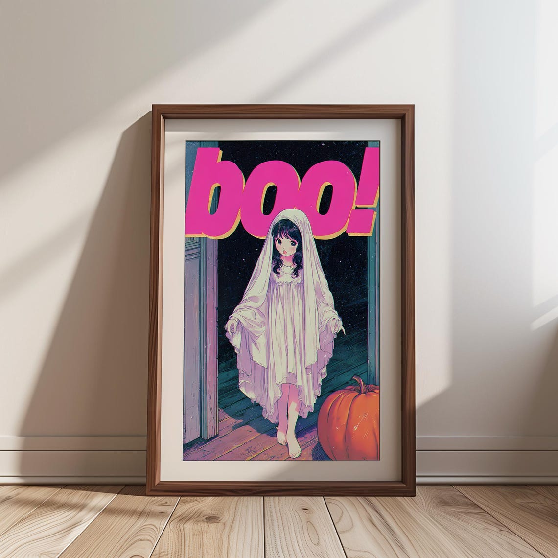 Adorable Ghost Girl Boo Pink Retro Anime Halloween Decor Poster
