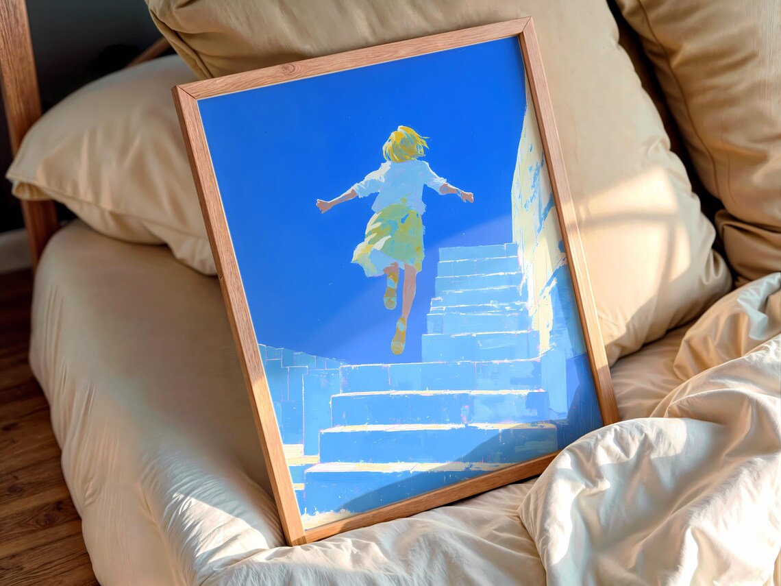 Blonde Girl Running Up Bright Blue Stairs Anime Style Art Poster