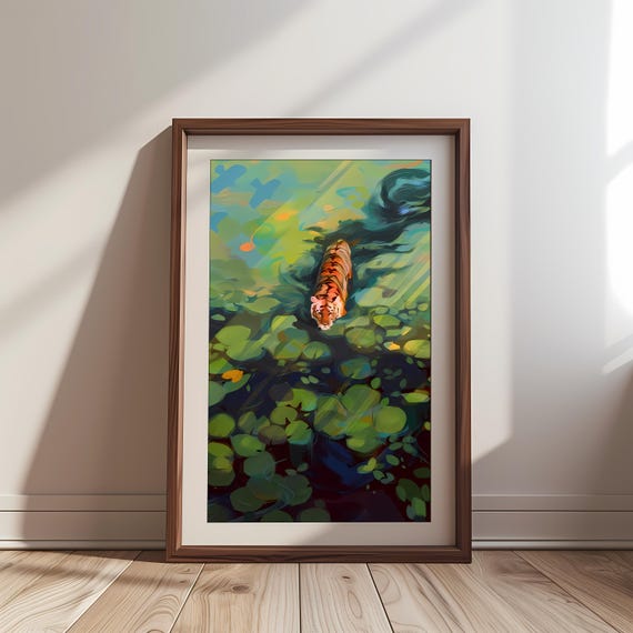 Monet Style Tiger Art Impressionist Wildlife Print Serene Jungle Wall Decor Lily Pond Painting Boho Gift For Nature Lover