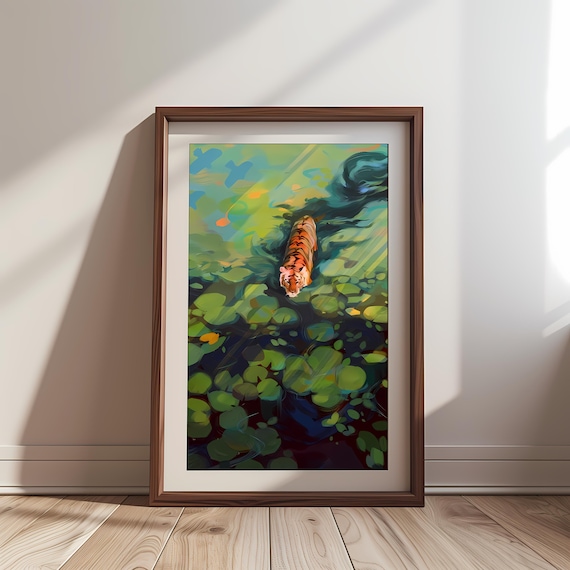 Monet Style Tiger Swimming in Water Lily Pond Impressionist Art Poster