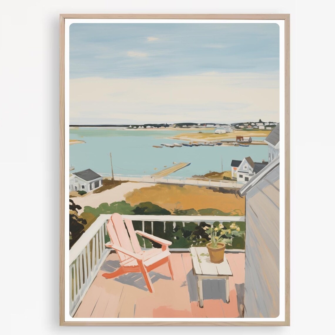 Nantucket Harbor Deck View Pink Adirondack Chair Coastal Poster