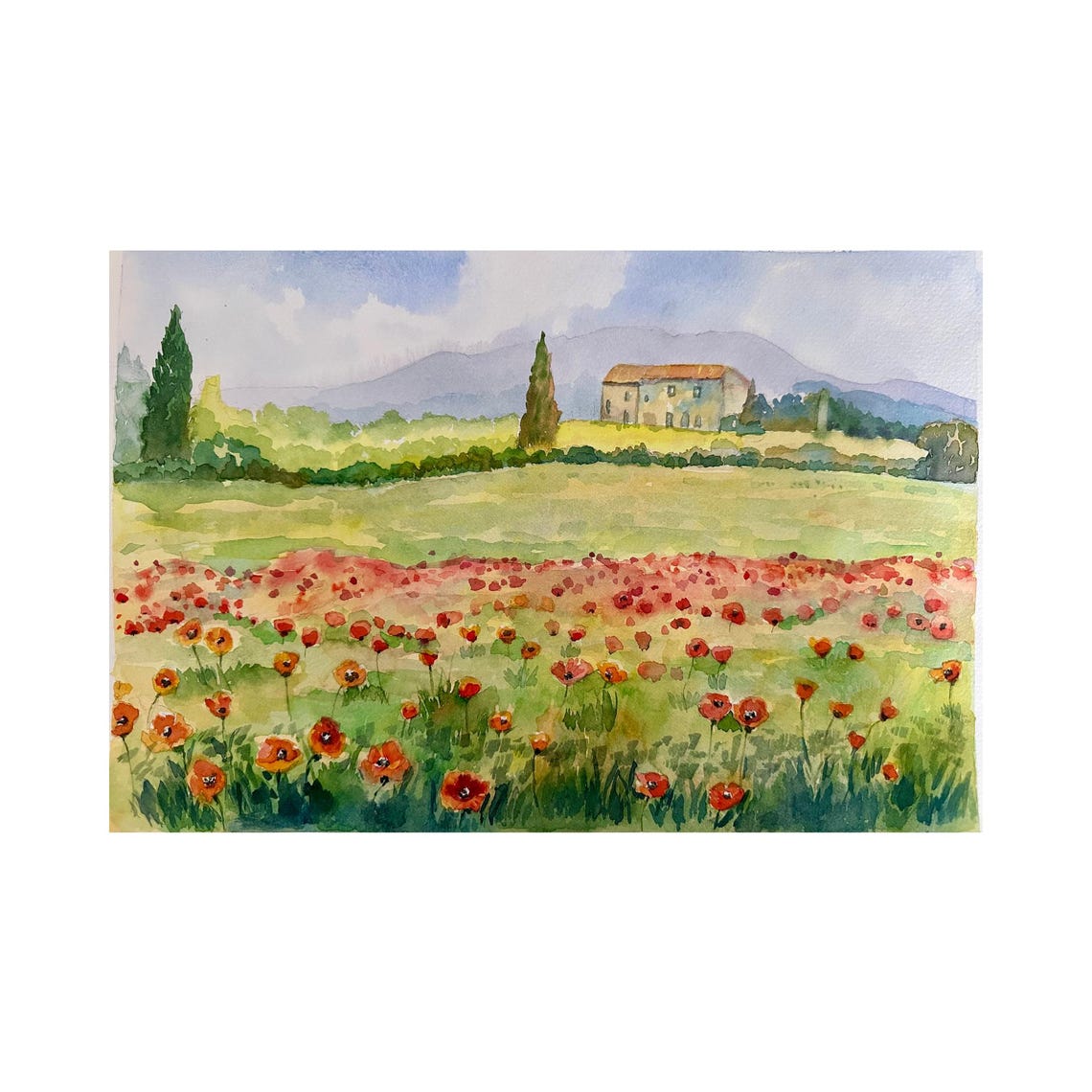 Poppies Field Original Watercolor Painting Floral Wall Art Poppy Meadow Landscape Flowery Countryside Art Impressionist Art 10x14 In - Image 3