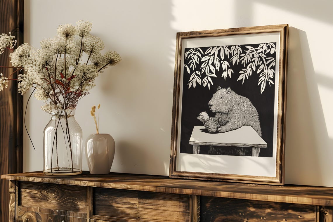 Capybara Reading Book Linocut Black White Botanical Bookish Poster - Image 2