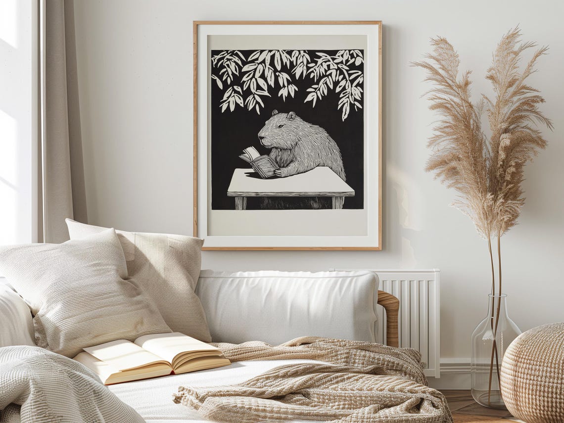 Capybara Reading a Book Black White Linocut Bookish Animal Poster