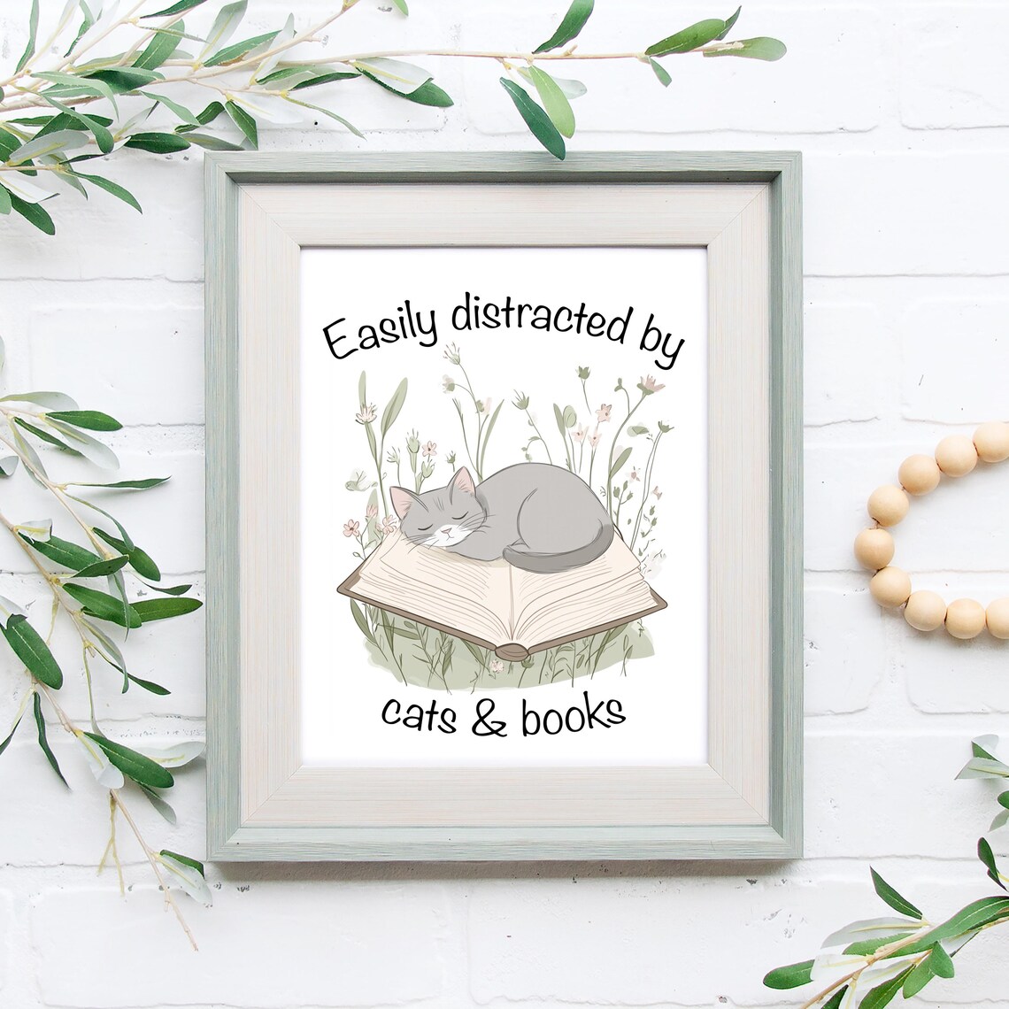 Easily Distracted by Cats and Books Sleeping Kitten Floral Poster - Image 3