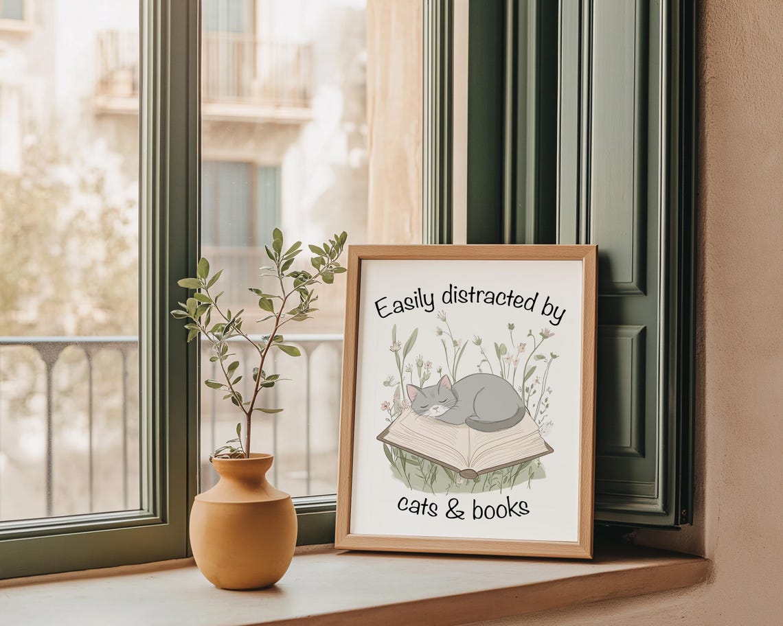 Easily Distracted by Cats and Books Sleeping Kitten Floral Poster - Image 2