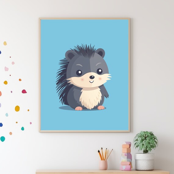 Cute Baby Hedgehog Cartoon Blue Nursery Kids Room Decor Wall Poster
