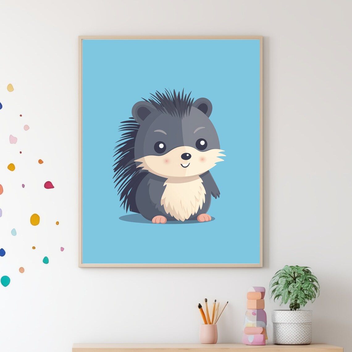 Cute Baby Hedgehog Cartoon Blue Nursery Kids Room Decor Wall Poster