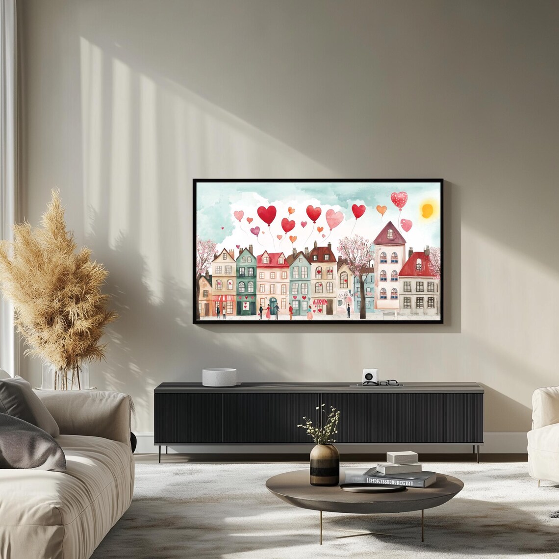 Pink Valentine Village Heart Balloons Cute Watercolor Street Poster - Image 3