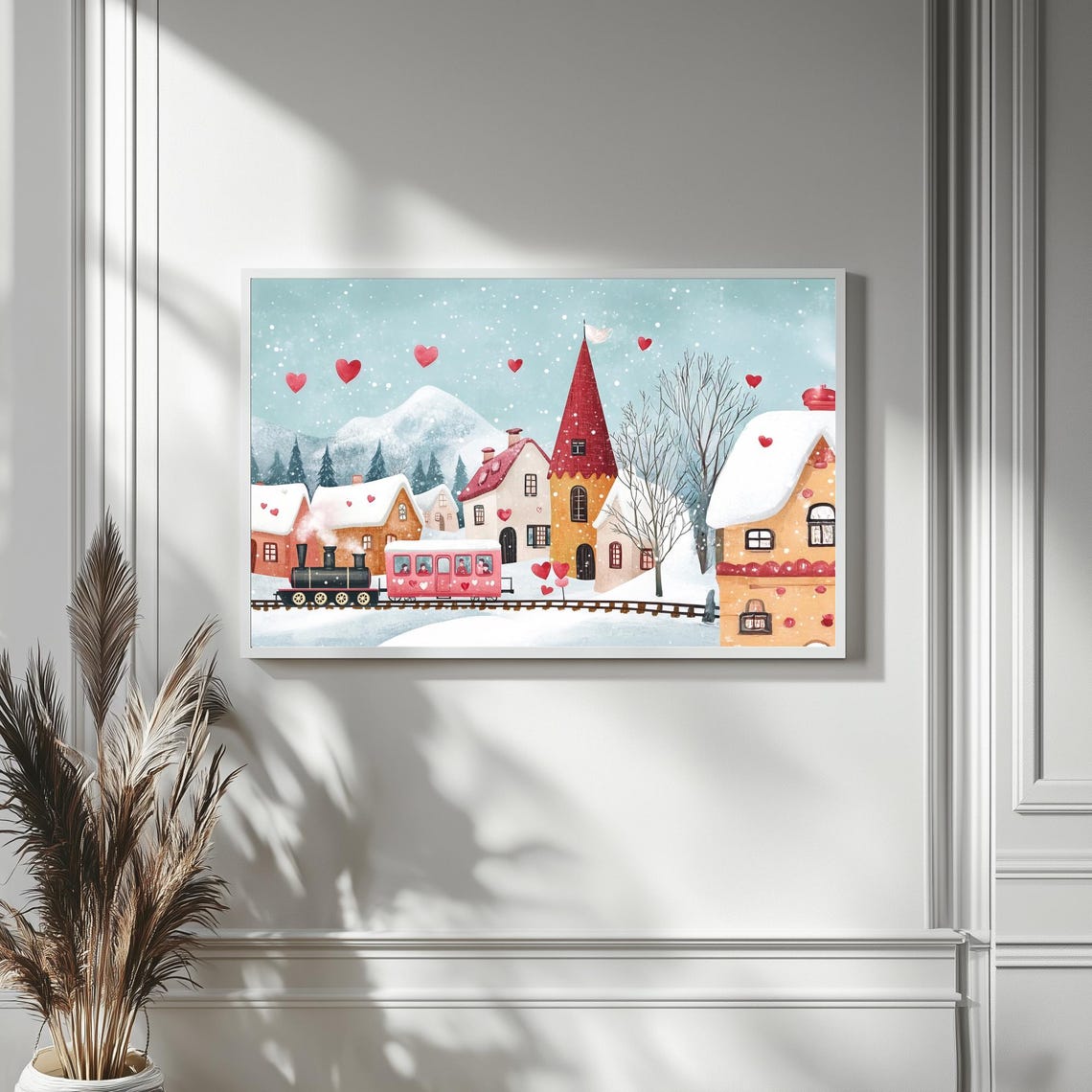 Pink Train With Hearts Passing Snowy Village Mountains Wall Art - Image 5