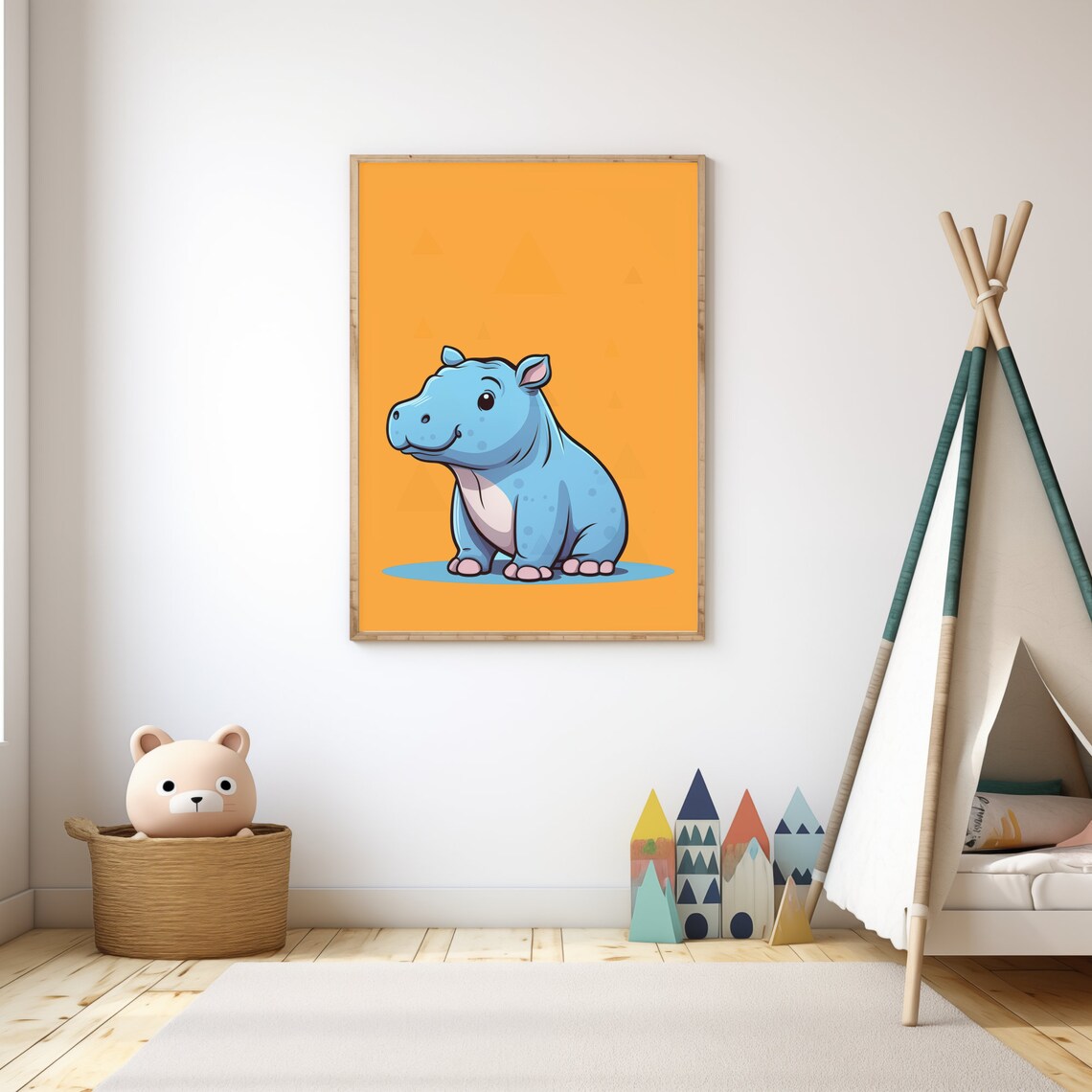 Cute Baby Hippo Cartoon Orange Safari Nursery Kids Room Wall Poster - Image 4