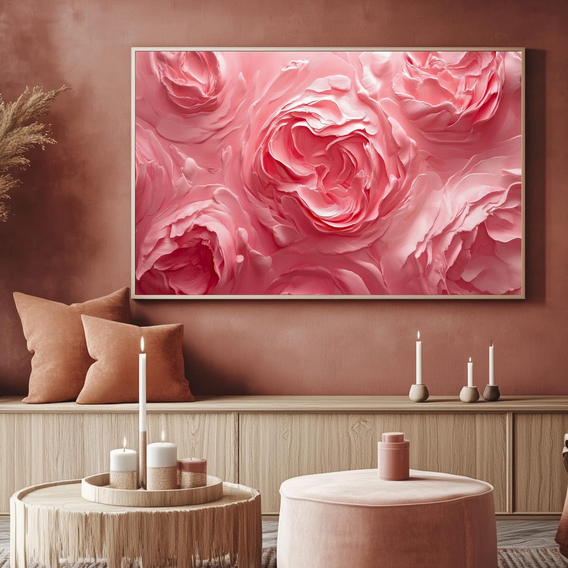 Pink Peony Blossoms Impasto Painting Romantic Frame TV Wall Art - Image 2