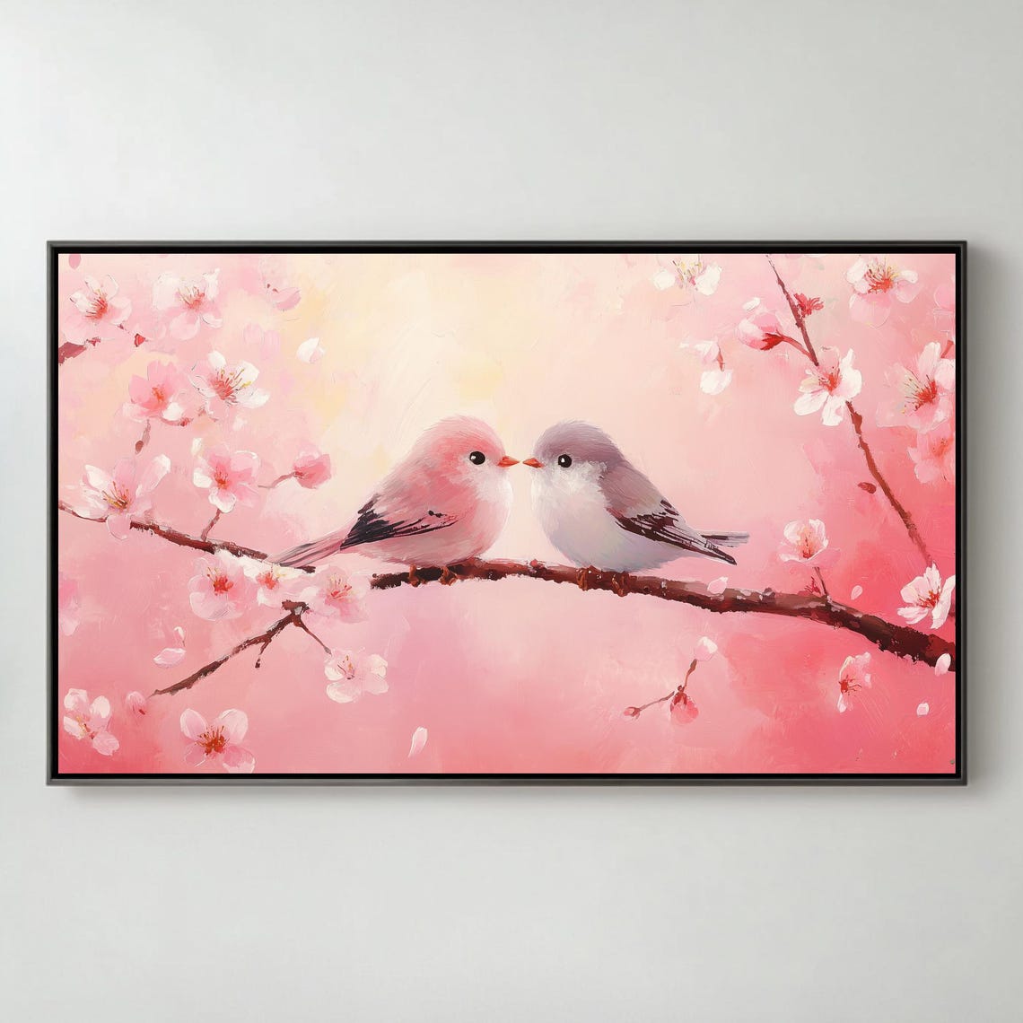 Lovebirds Kissing On Cherry Blossom Branch Pink Spring Painting Poster