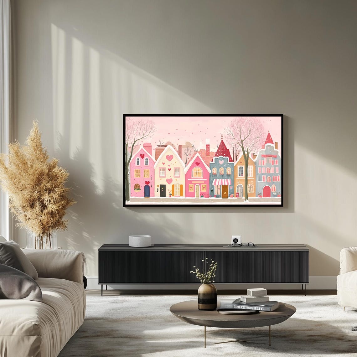Pink Valentines Village Snowy Street Heart Art Frame TV Poster - Image 3