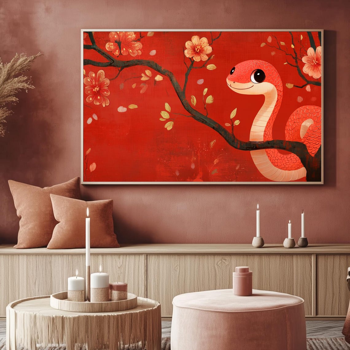 Cute Red Snake Blossom Branch Lunar New Year Art Frame TV Poster - Image 2