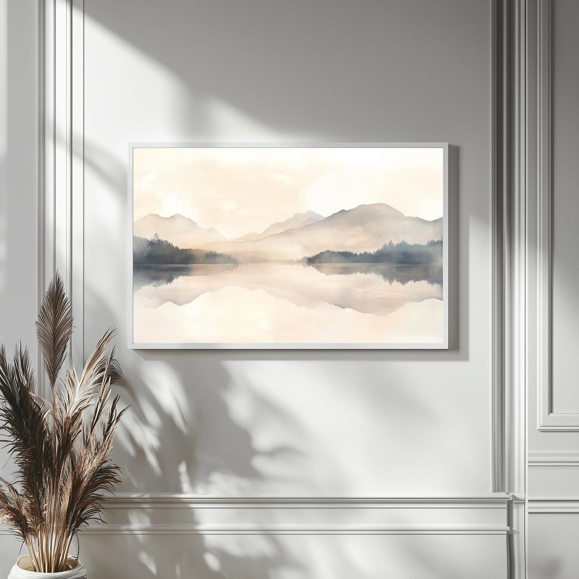 Neutral Mountain Lake Reflection Watercolor Landscape TV Poster - Image 4