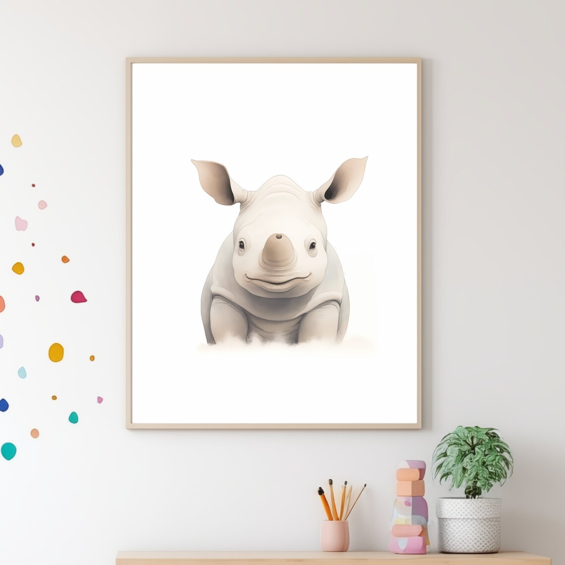 Baby Rhino Watercolor Portrait White Safari Nursery Kids Wall Poster