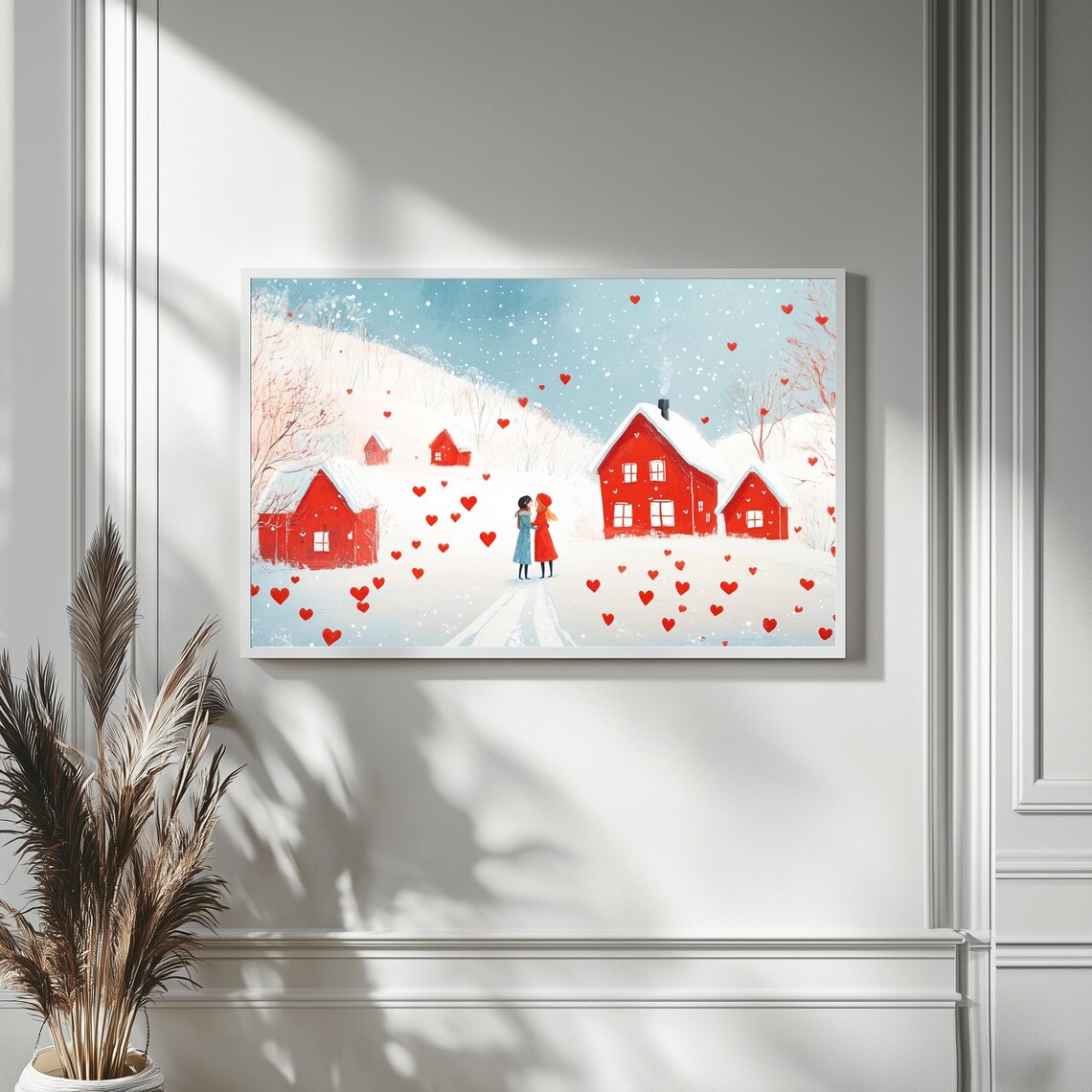 Couple Embracing Snowy Village Red Hearts Valentines Day TV Poster - Image 4