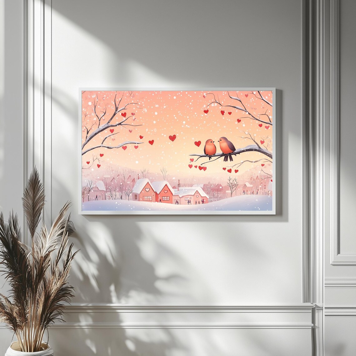 Winter Lovebirds On Snowy Branch Heartfelt Village Sunset Poster - Image 4