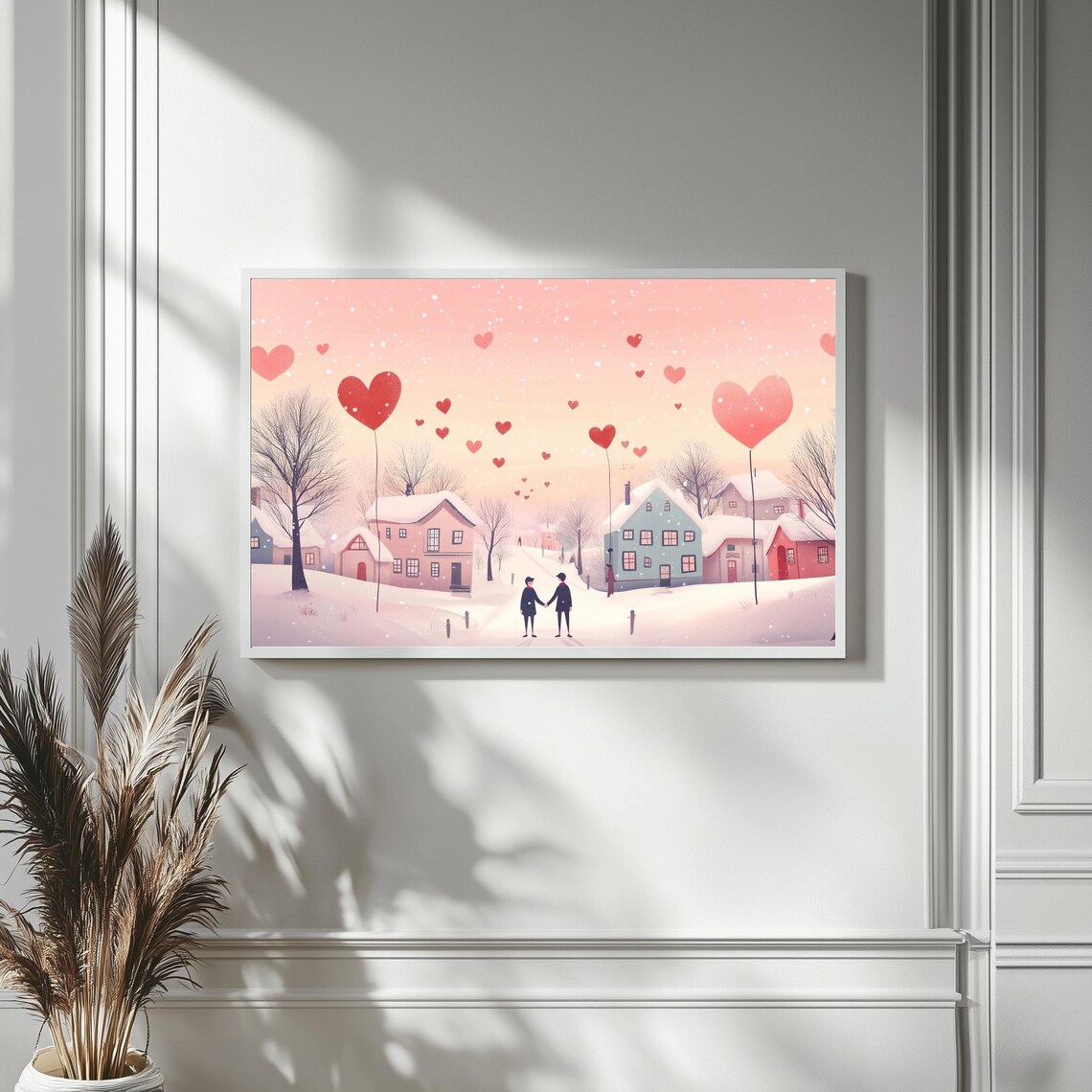 Gay Couple Holding Hands In Snowy Village Heart Balloons Wall Art - Image 4