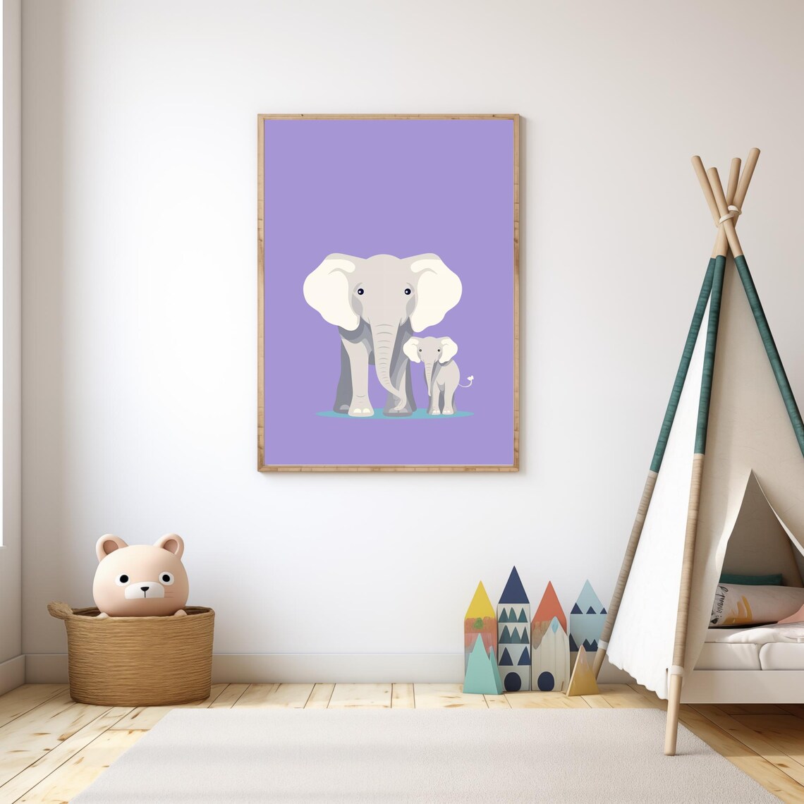 Mommy And Baby Elephant Standing Lavender Nursery Wall Art Poster - Image 3