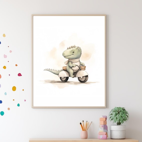 Baby Dinosaur Riding White Scooter With Basket Nursery Wall Art
