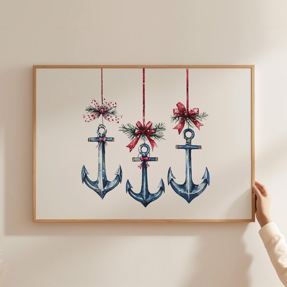 Watercolor Christmas Anchor Ornaments Coastal Holiday Poster Trio Set