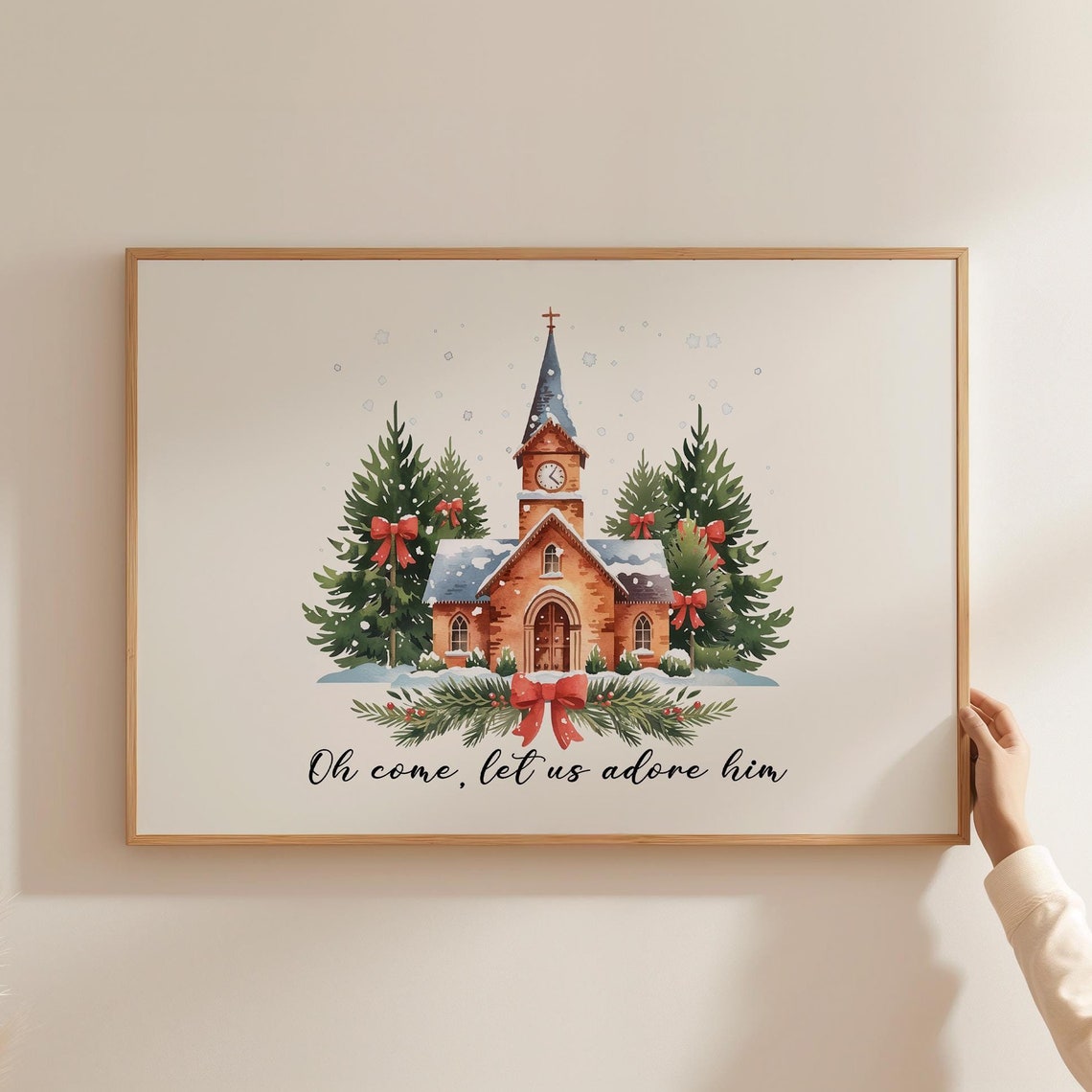 Oh Come Let Us Adore Him Snowy Christmas Chapel Watercolor Poster