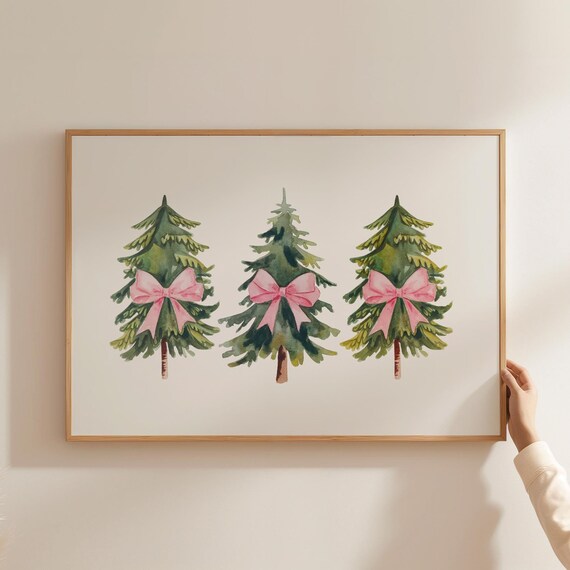 Three Watercolor Christmas Trees With Pink Bows Holiday Wall Art
