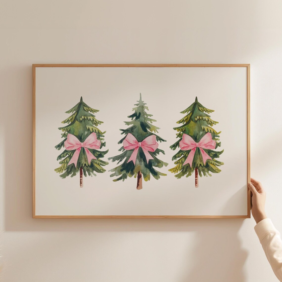 Three Watercolor Christmas Trees With Pink Bows Holiday Wall Art