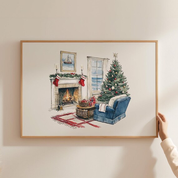 Watercolor Coastal Christmas Living Room Poster with Ocean Window View
