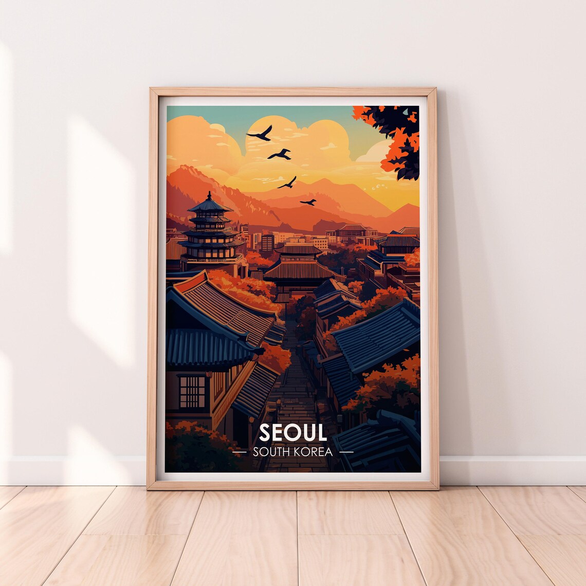 Seoul South Korea Hanok Rooftops Sunset Temple Vintage Travel Poster