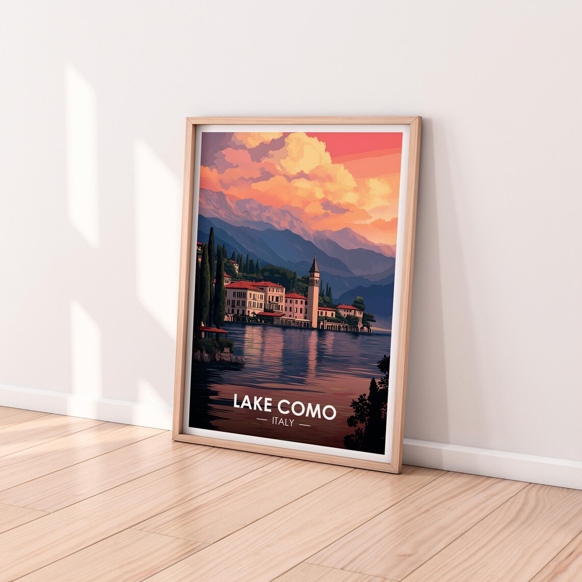 Lake Como Italy Lakeside Village Dusk Bell Tower Travel Poster - Image 2