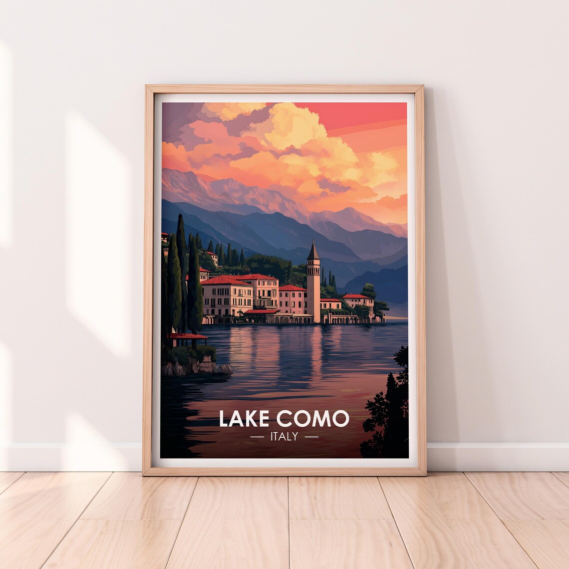 Lake Como Italy Lakeside Village Dusk Bell Tower Travel Poster