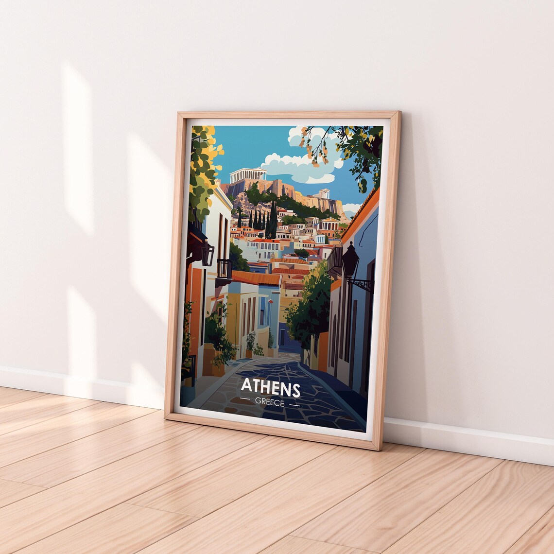 Athens Greece Acropolis Old Town Cobblestone Street Travel Poster - Image 2