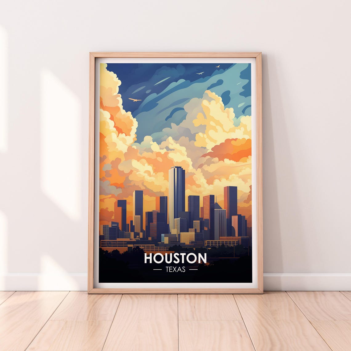 Houston Texas Skyline Sunset Dramatic Clouds Travel Art Poster