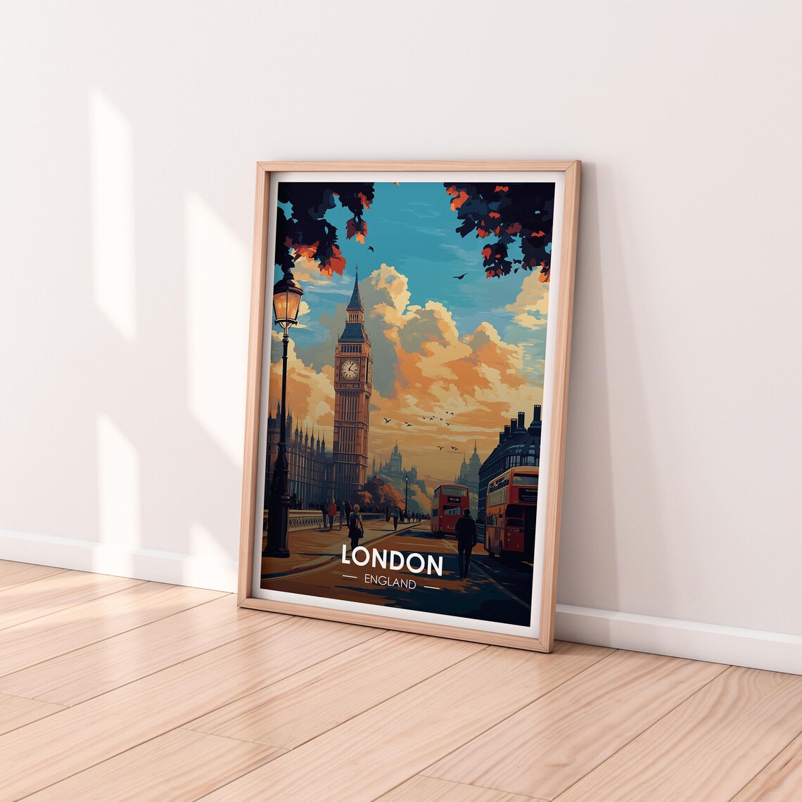 London England Big Ben Sunset Red Buses Vintage Travel Poster - Image 2
