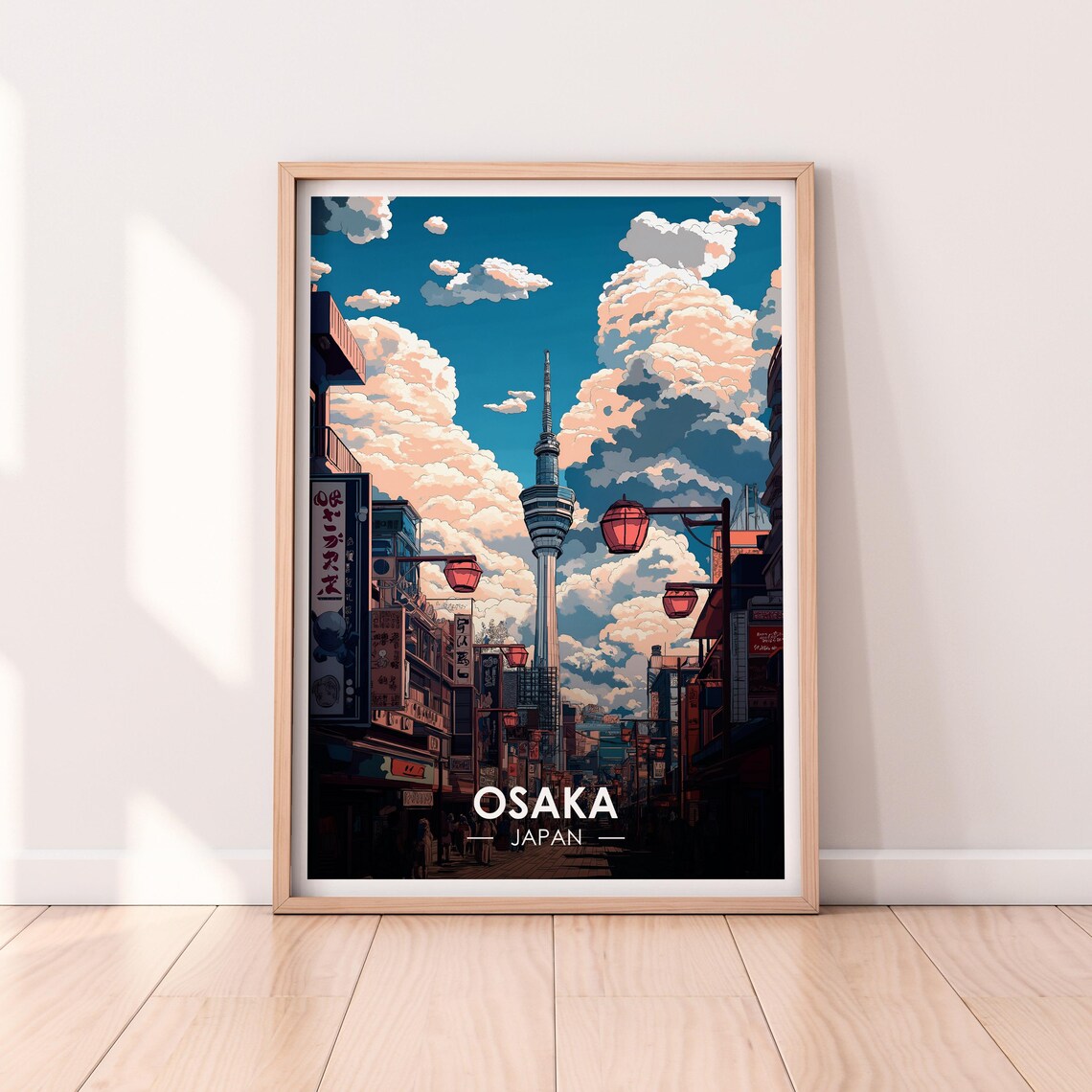 Osaka Japan Tsutenkaku Tower Lantern Street Sky Clouds Poster