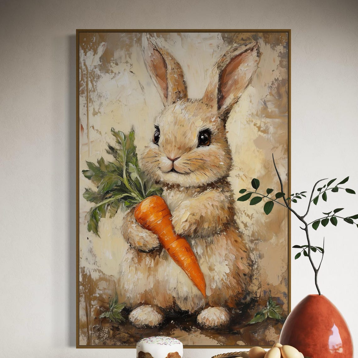 Adorable Bunny Holding a Carrot Oil Painting Rustic Style Poster