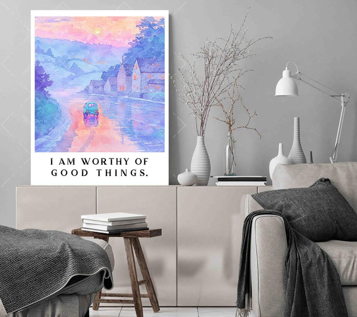 I Am Worthy Of Good Things Pink Sunset Village Street Watercolor Poster - Image 3