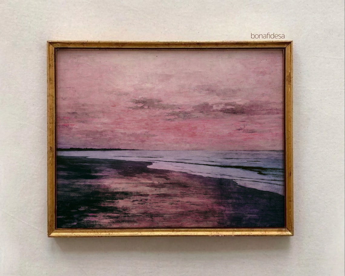 Dusty Pink Sky Dark Violet Sea Moody Impressionist Seascape Print