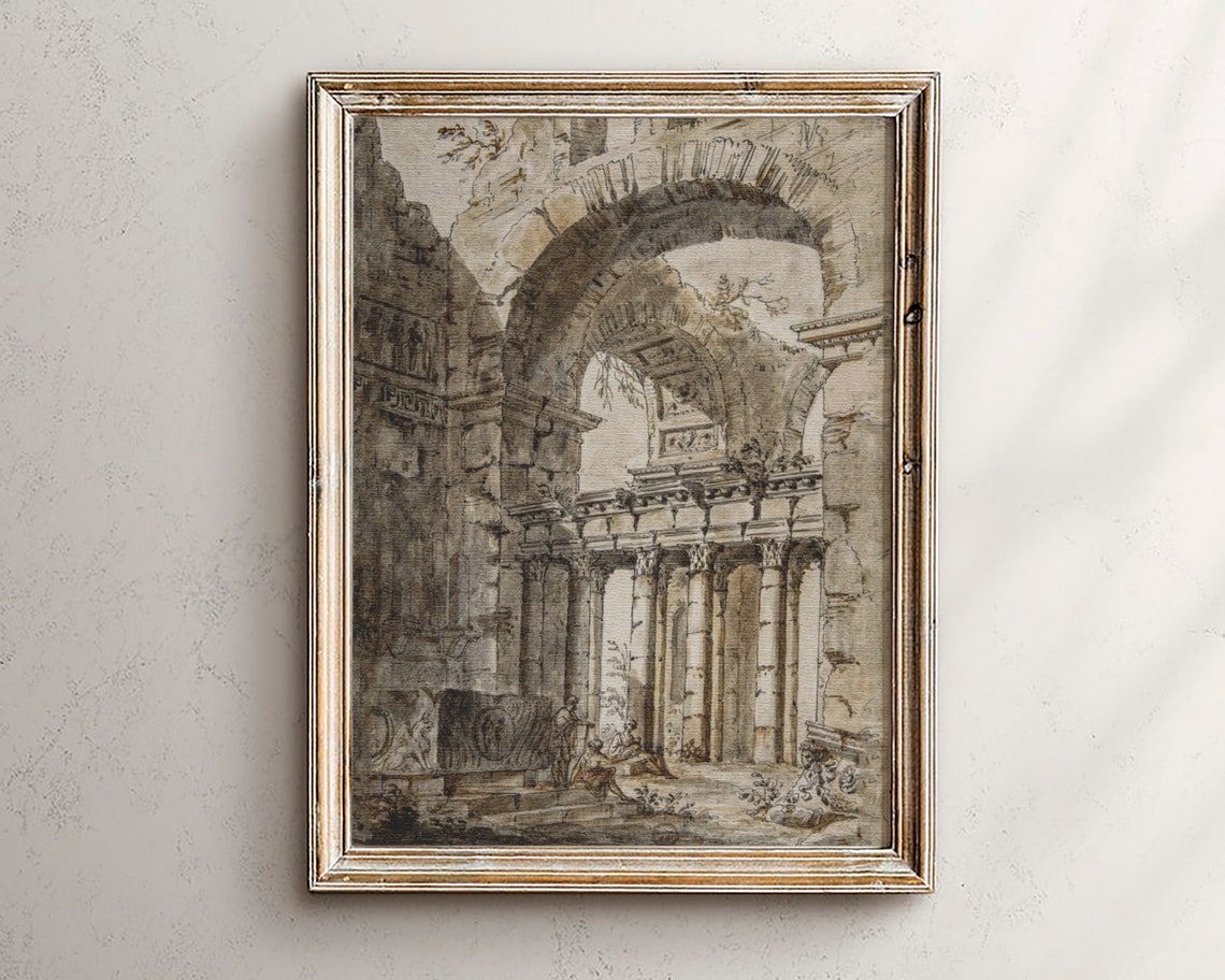 Ancient Roman Temple Ruins Sepia Ink Architectural Sketch Poster