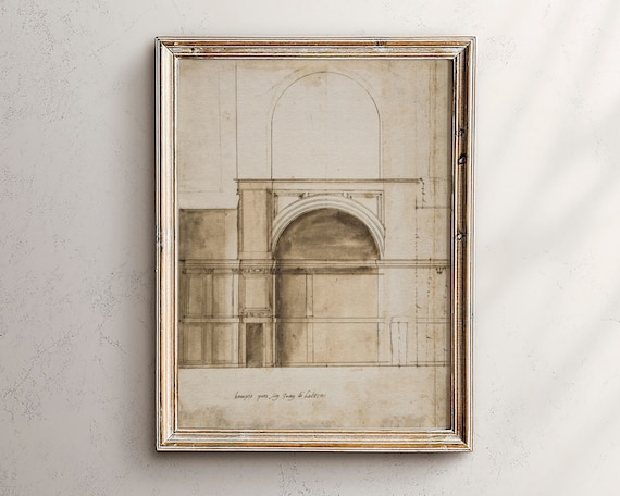 Vintage Architecture Sketch Art Print, Minimalist Wall